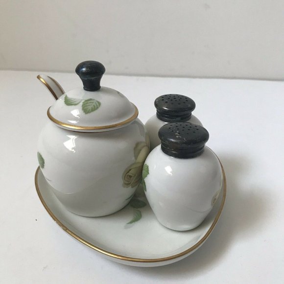 Vintage Thomas Germany bone china mustard salt pepper dish spoon yellow rose - Picture 3 of 9